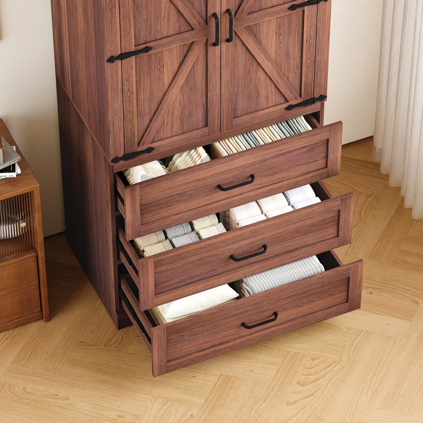 70" Farmhouse Tall Wardrobe Closet with 2 Doors & 3 Drawers, Armoire with Hanging Rod