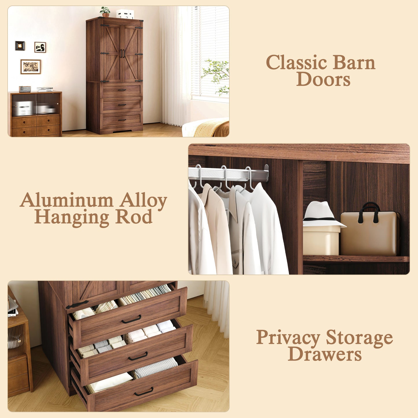 70" Farmhouse Tall Wardrobe Closet with 2 Doors & 3 Drawers, Armoire with Hanging Rod