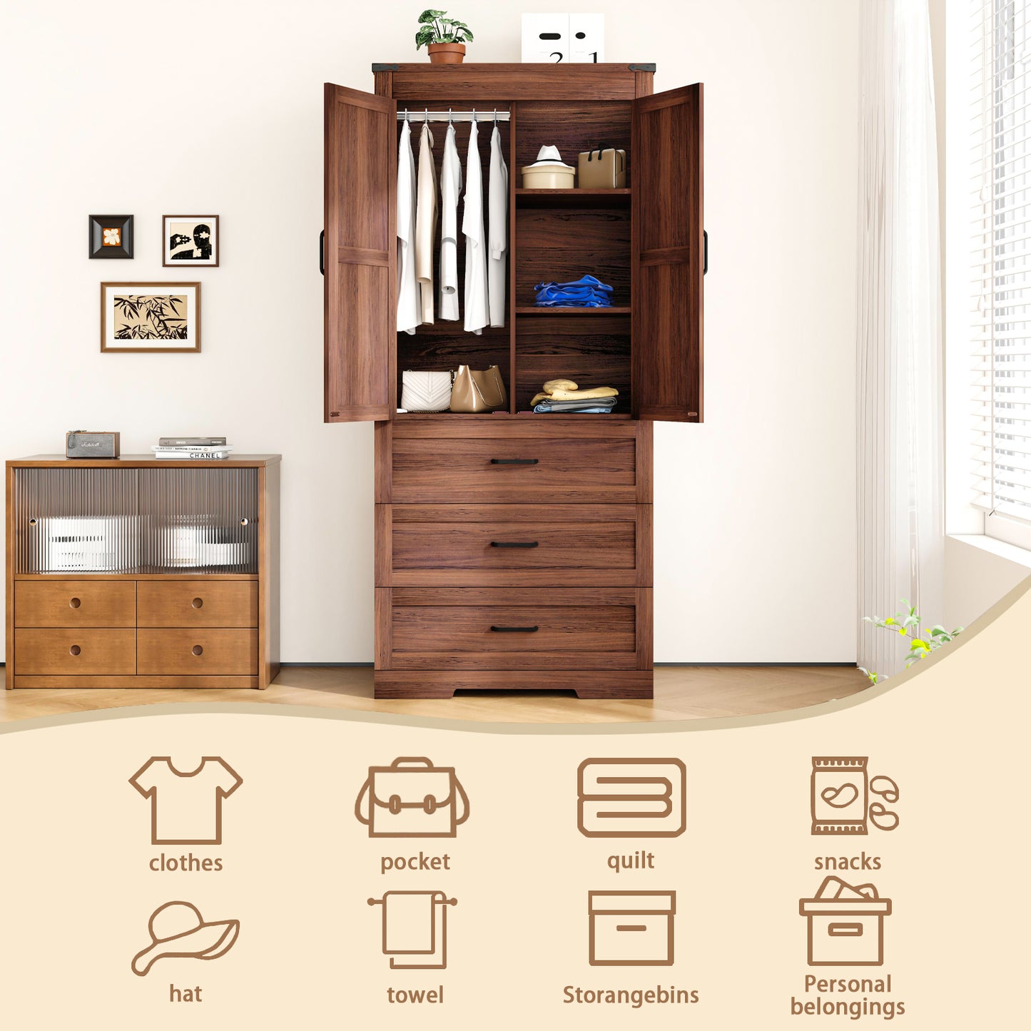 70" Farmhouse Tall Wardrobe Closet with 2 Doors & 3 Drawers, Armoire with Hanging Rod