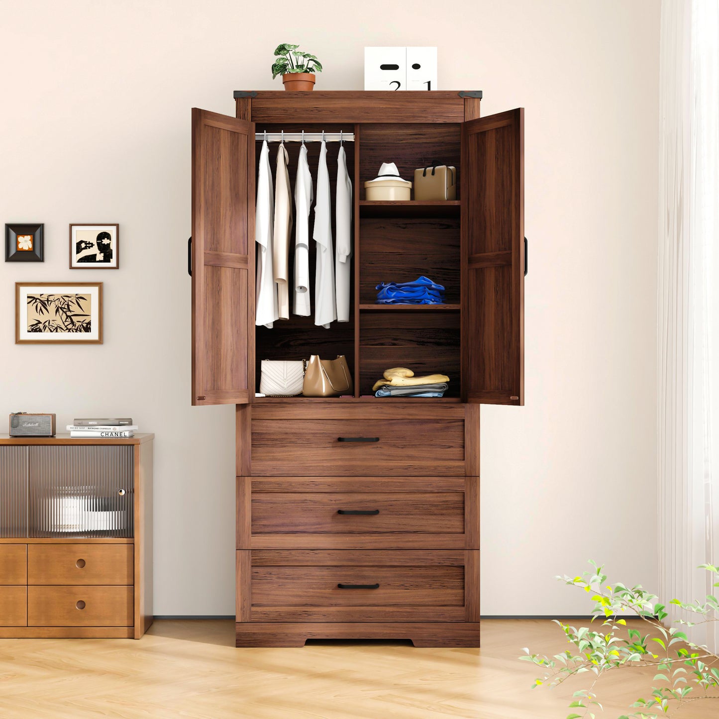 70" Farmhouse Tall Wardrobe Closet with 2 Doors & 3 Drawers, Armoire with Hanging Rod