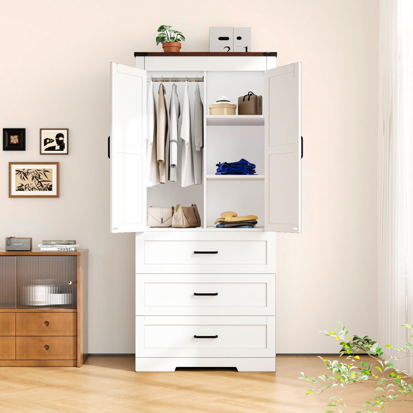 70" Farmhouse Tall Wardrobe Closet with 2 Doors & 3 Drawers, Armoire with Hanging Rod