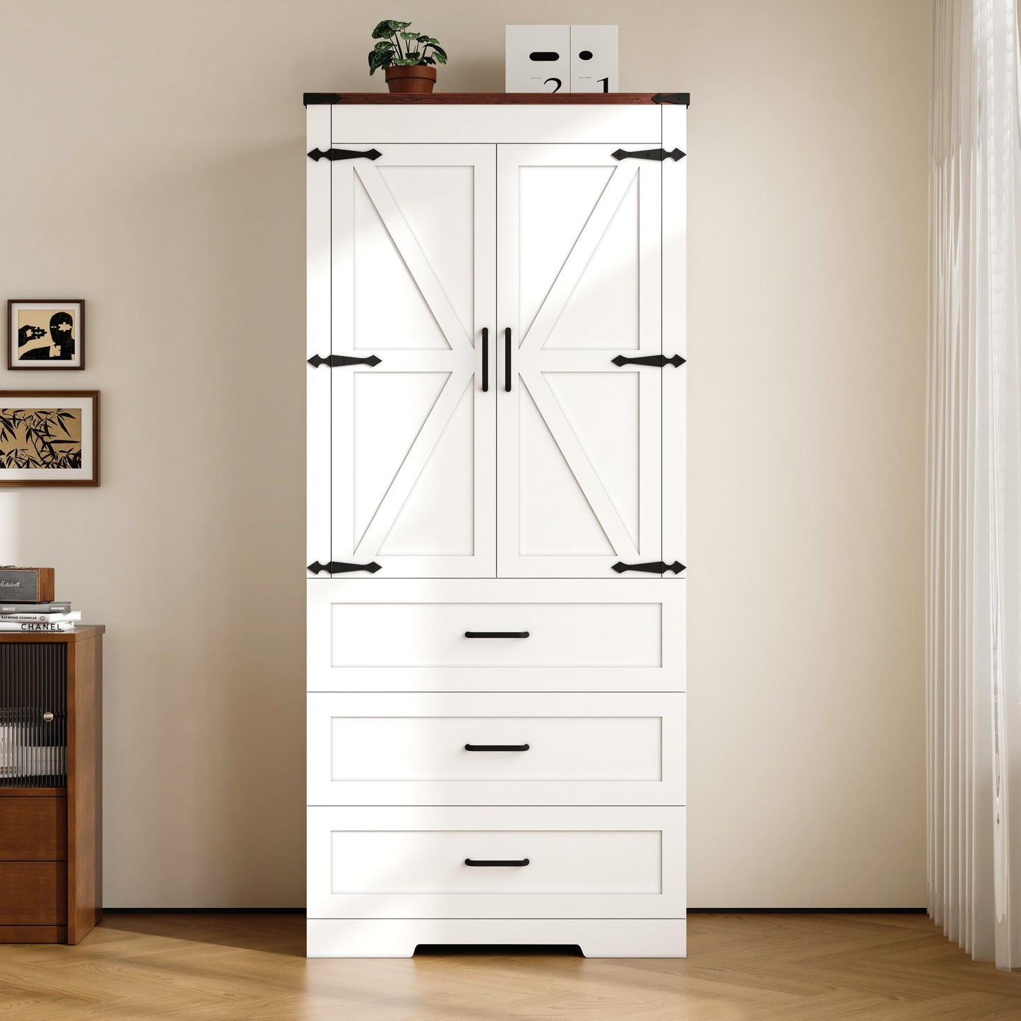 70" Farmhouse Tall Wardrobe Closet with 2 Doors & 3 Drawers, Armoire with Hanging Rod