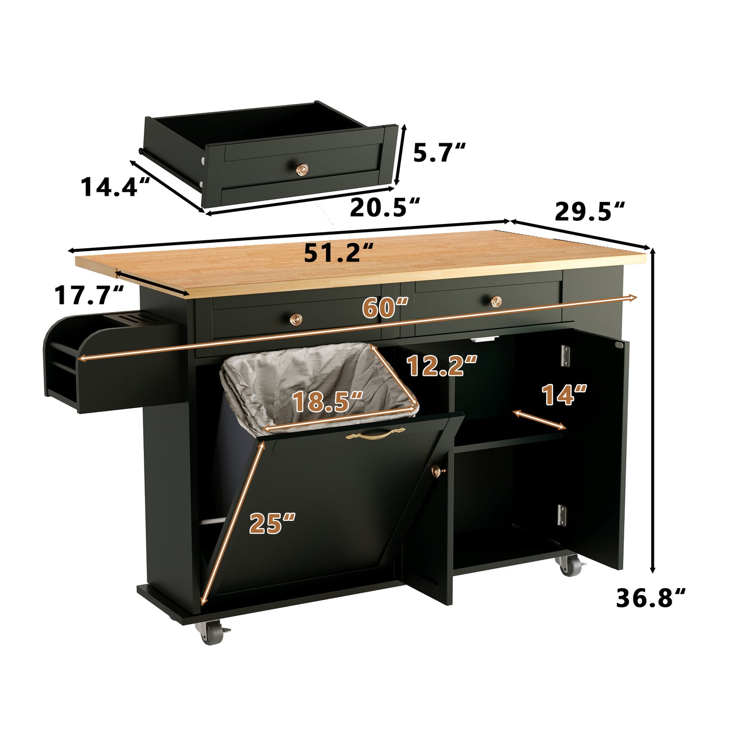 60'' Kitchen Island with Drop Leaf and Tilt Out Trash Can Cabinet