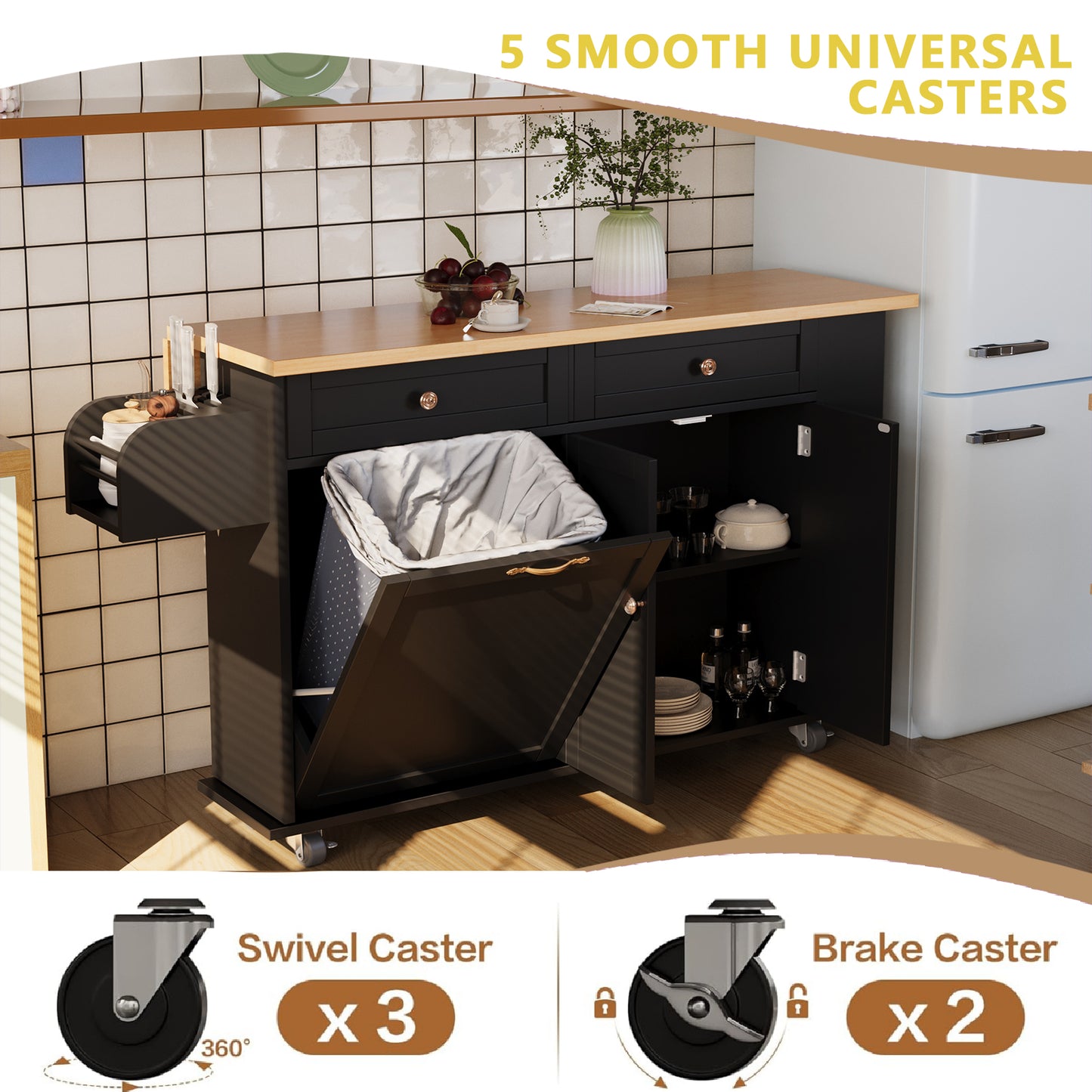 60'' Kitchen Island with Drop Leaf and Tilt Out Trash Can Cabinet