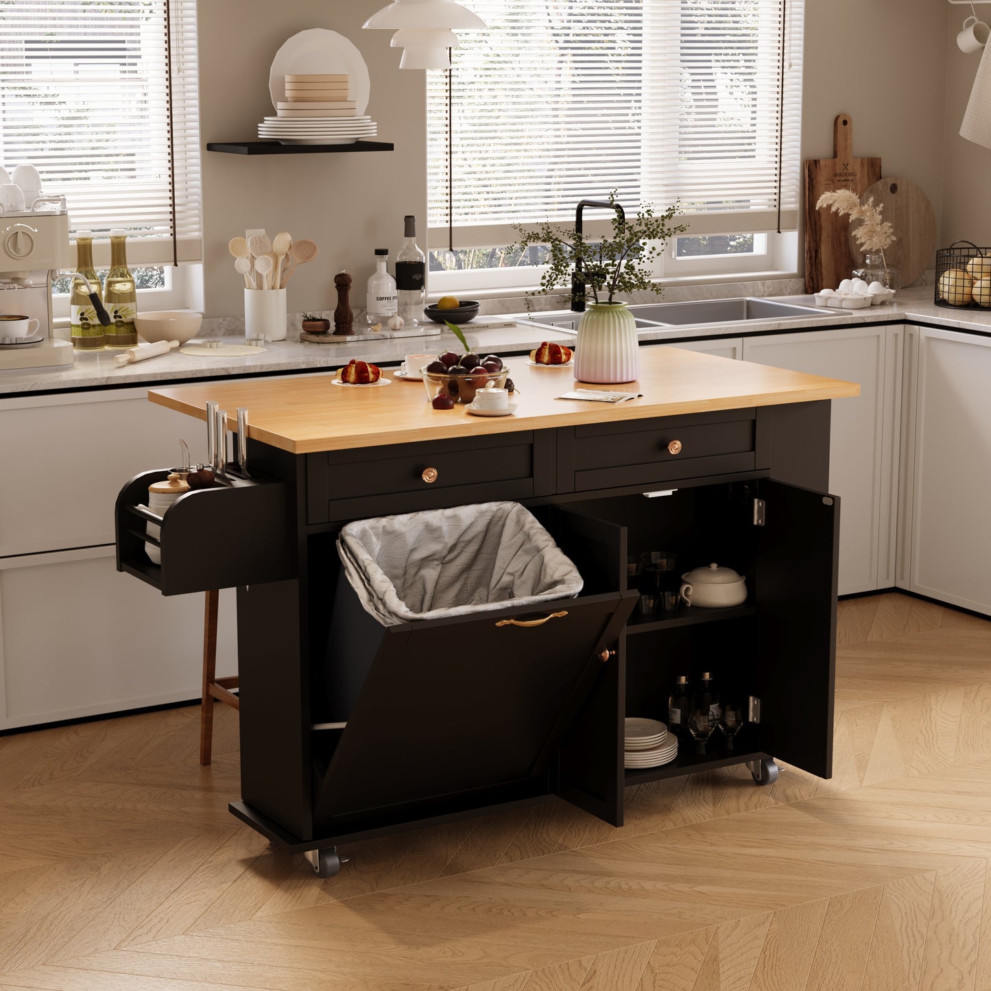 60'' Kitchen Island with Drop Leaf and Tilt Out Trash Can Cabinet