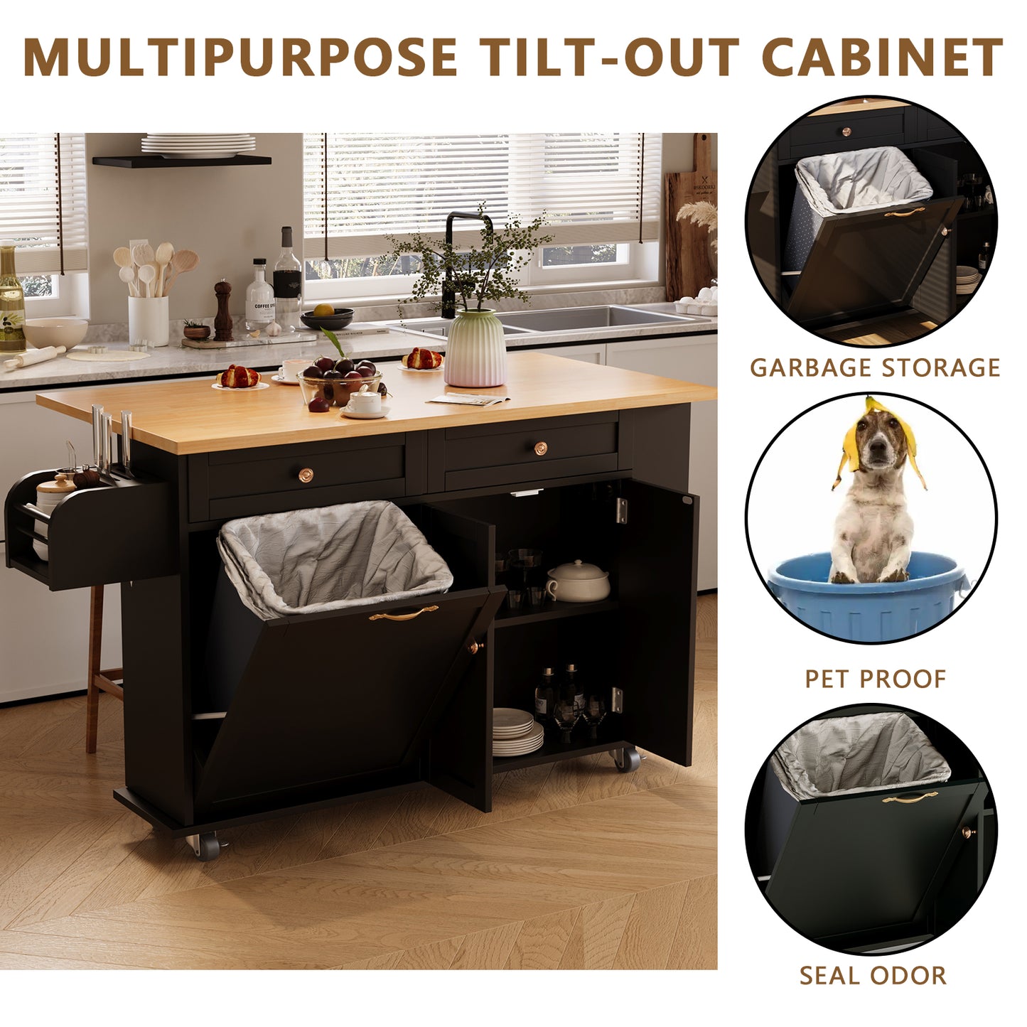 60'' Kitchen Island with Drop Leaf and Tilt Out Trash Can Cabinet