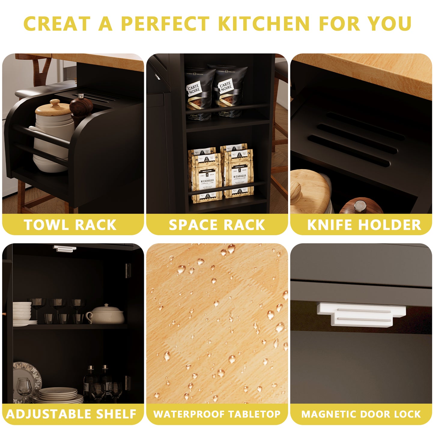 60'' Kitchen Island with Drop Leaf and Tilt Out Trash Can Cabinet