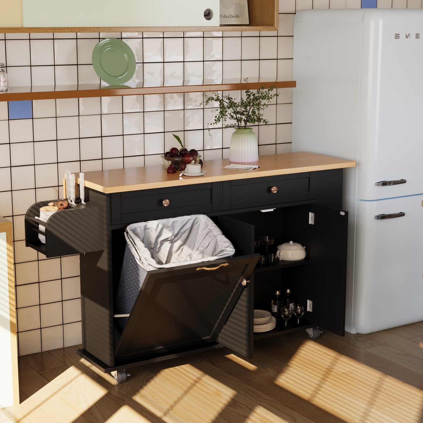 60'' Kitchen Island with Drop Leaf and Tilt Out Trash Can Cabinet