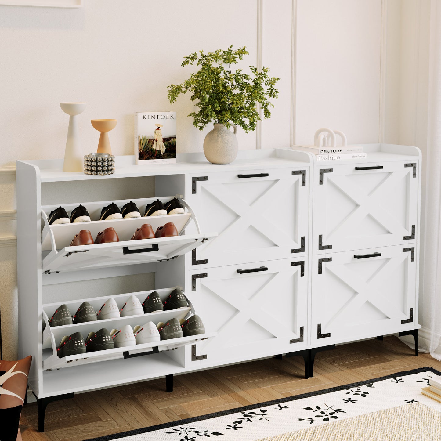 70 Inch Width Farmhouse Shoe Storage Cabinet with 6 Flip Drawers