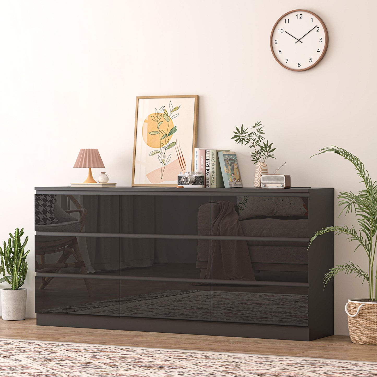 70" High Gloss 9 Drawers Dresser Chest with Power Outlet