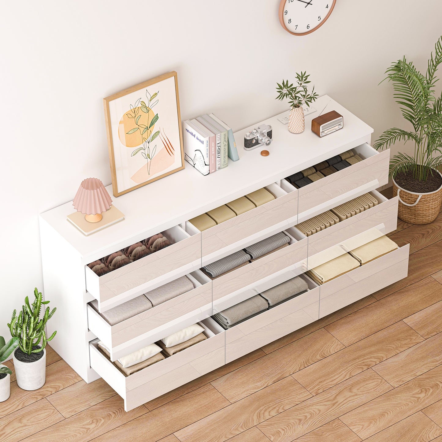 70" High Gloss 9 Drawers Dresser Chest with Power Outlet