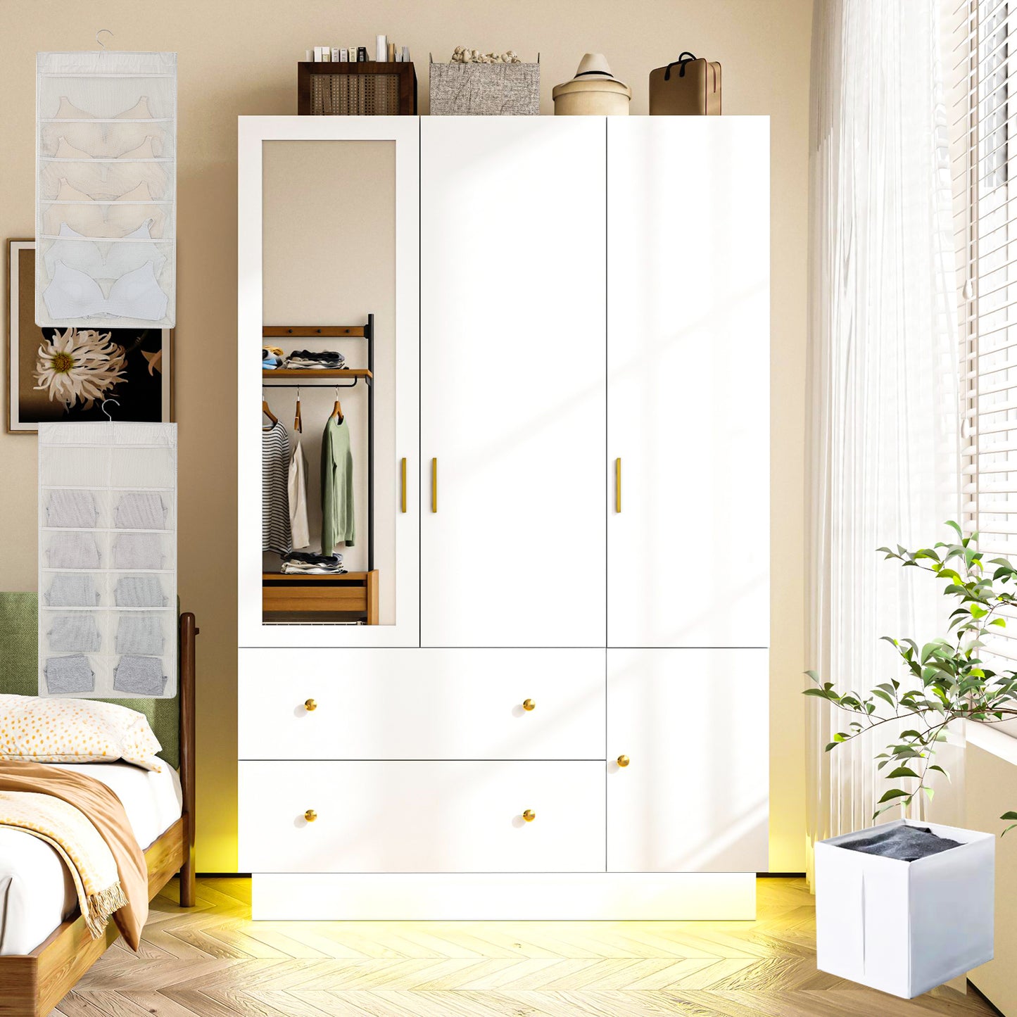 3 Doors LED Armoire Wardrobe Closet with Mirror