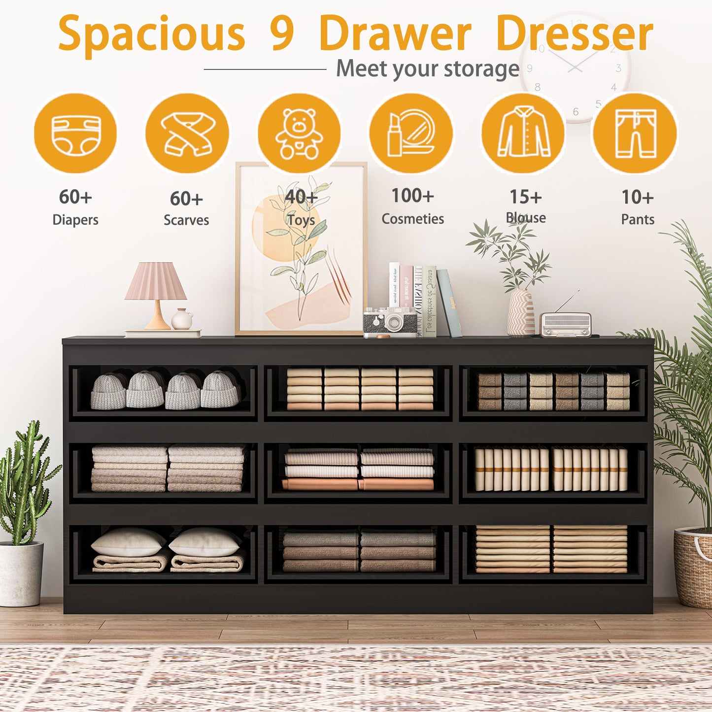 70" High Gloss 9 Drawers Dresser Chest with Power Outlet