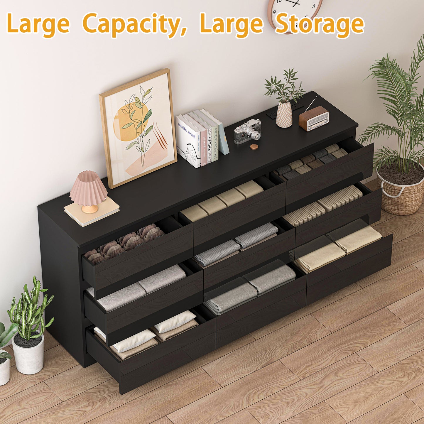 70" High Gloss 9 Drawers Dresser Chest with Power Outlet