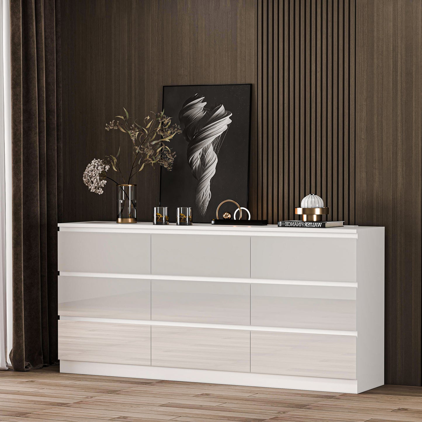 70" High Gloss 9 Drawers Dresser Chest with Power Outlet