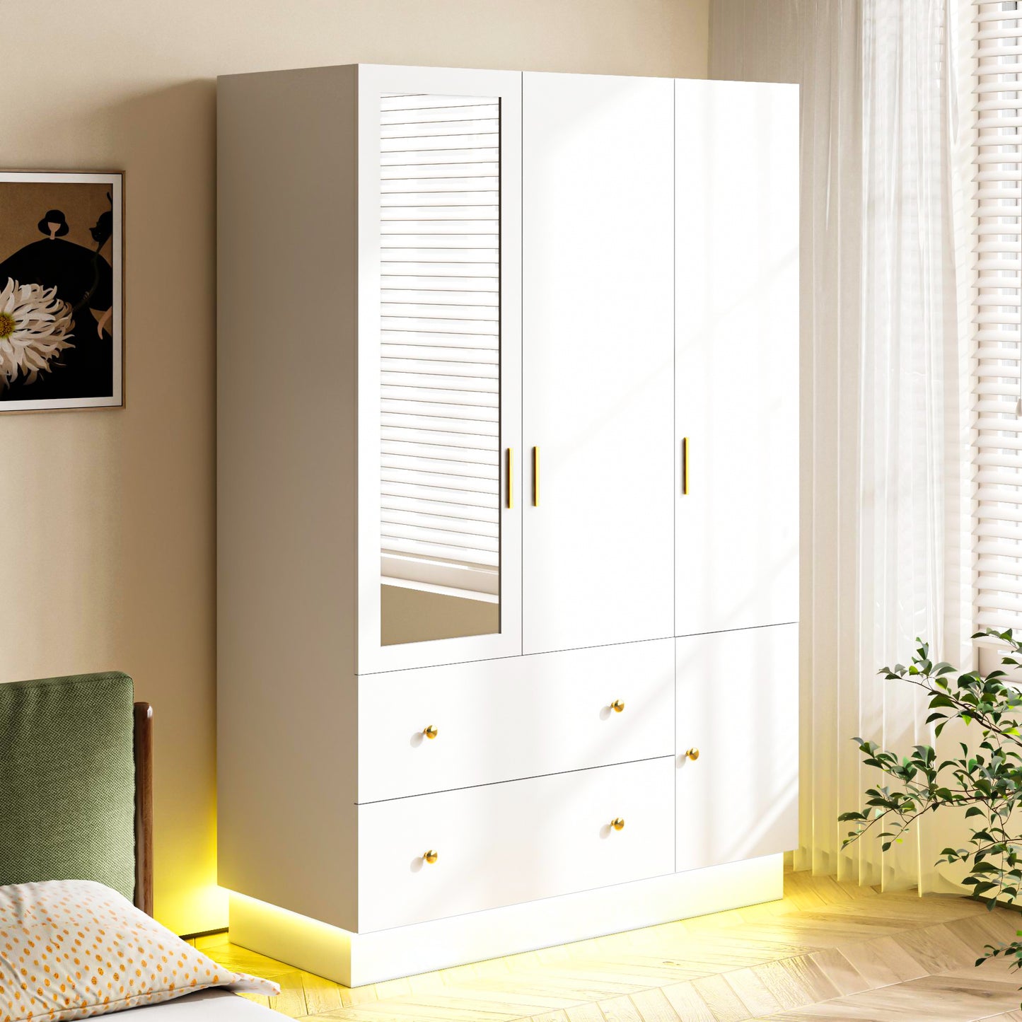 3 Doors LED Armoire Wardrobe Closet with Mirror
