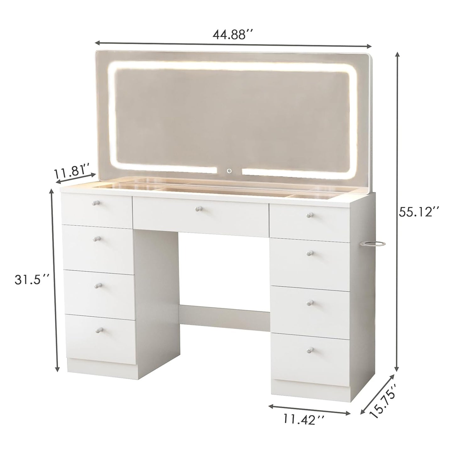 46" Glass Tabletop LED Makeup Vanity with Mirror & 9 Drawers