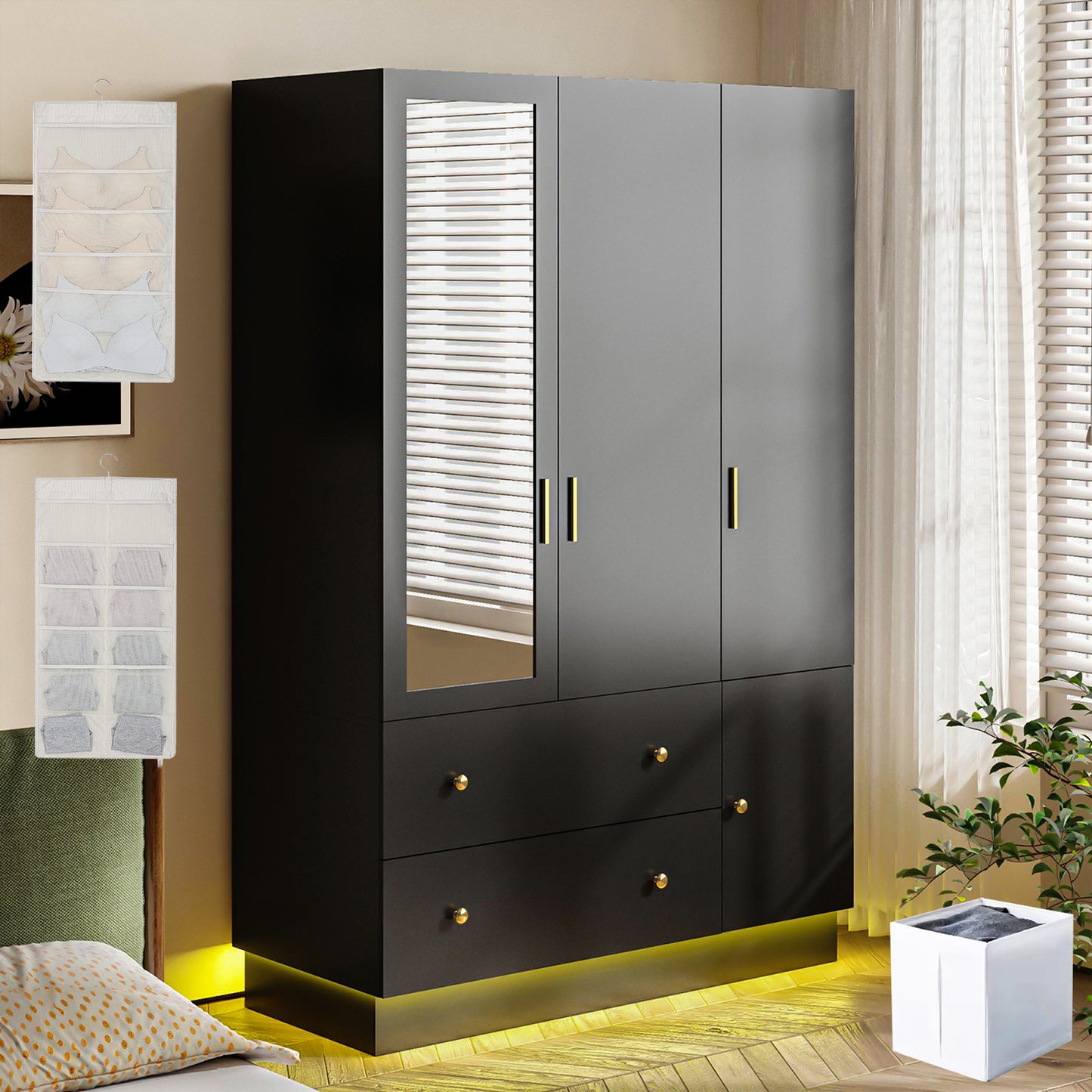 3 Doors LED Armoire Wardrobe Closet with Mirror