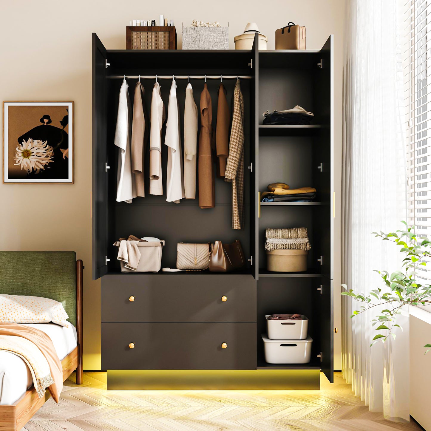 3 Doors LED Armoire Wardrobe Closet with Mirror