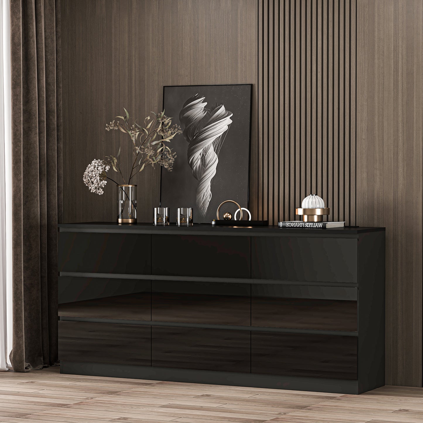 70" High Gloss 9 Drawers Dresser Chest with Power Outlet