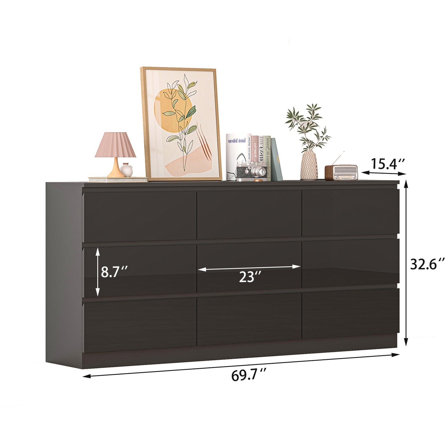 70" High Gloss 9 Drawers Dresser Chest with Power Outlet