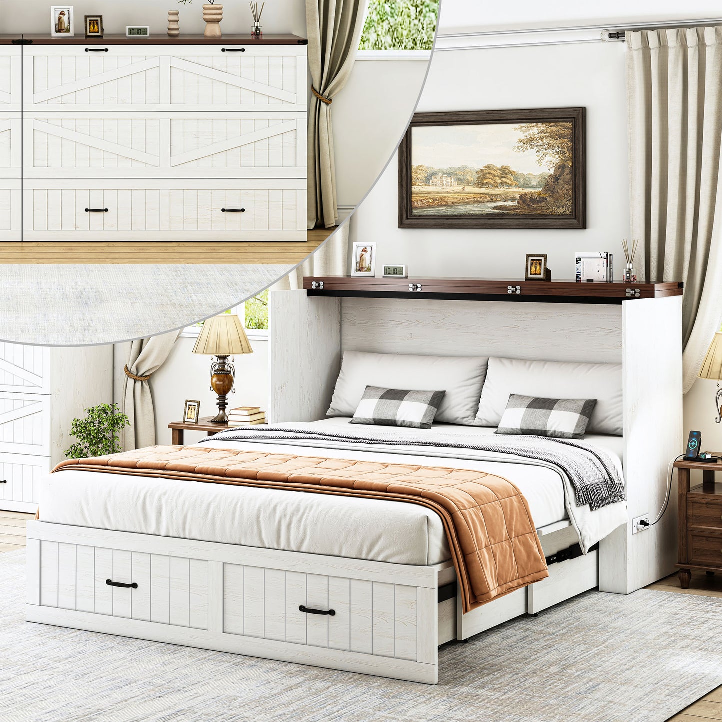 Farmhouse Murphy Bed with Storage Drawer & Charging Station, Mattress Not Included
