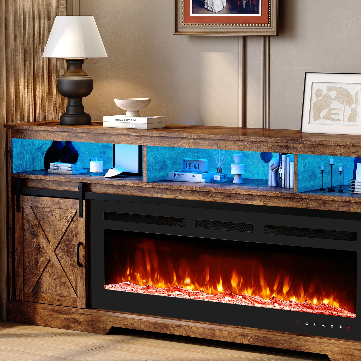 80.7“ Farmhouse Fireplace TV Stand for 85 Inch TV with LED Lights and Power Outlet