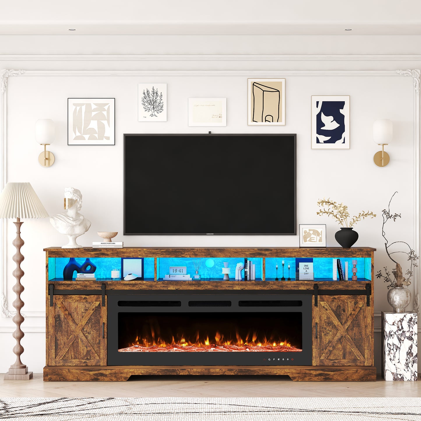 80.7“ Farmhouse Fireplace TV Stand for 85 Inch TV with LED Lights and Power Outlet