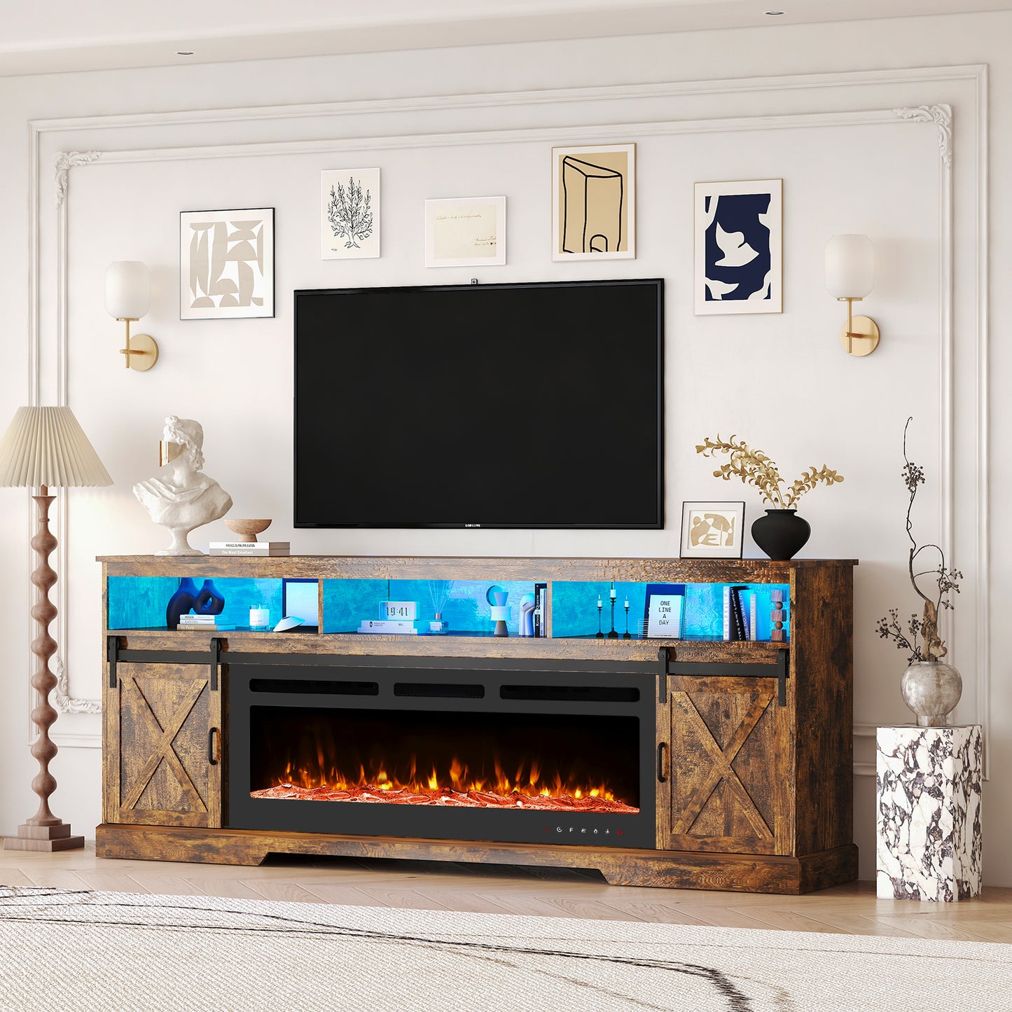 80.7“ Farmhouse Fireplace TV Stand for 85 Inch TV with LED Lights and Power Outlet