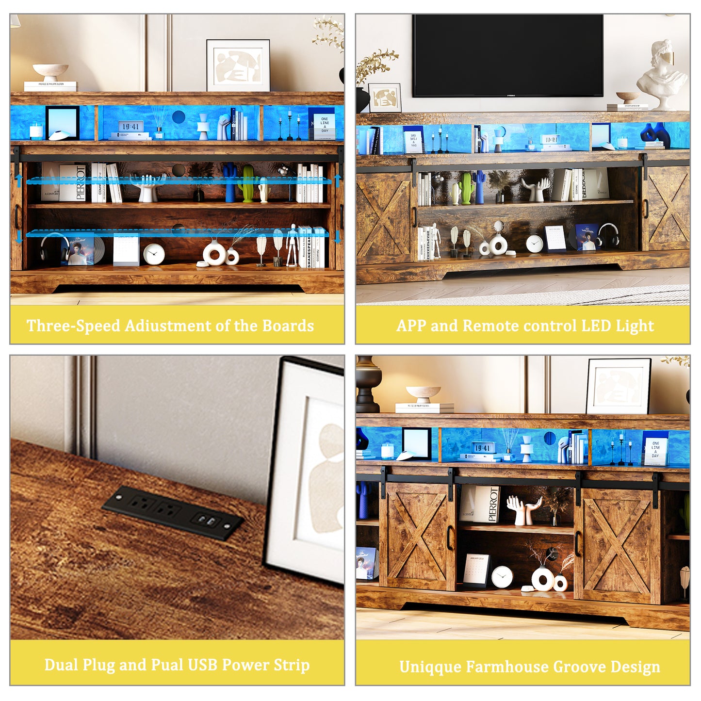 80.7“ Farmhouse TV Stand for 80/85/90 Inch TVs with LED Lights