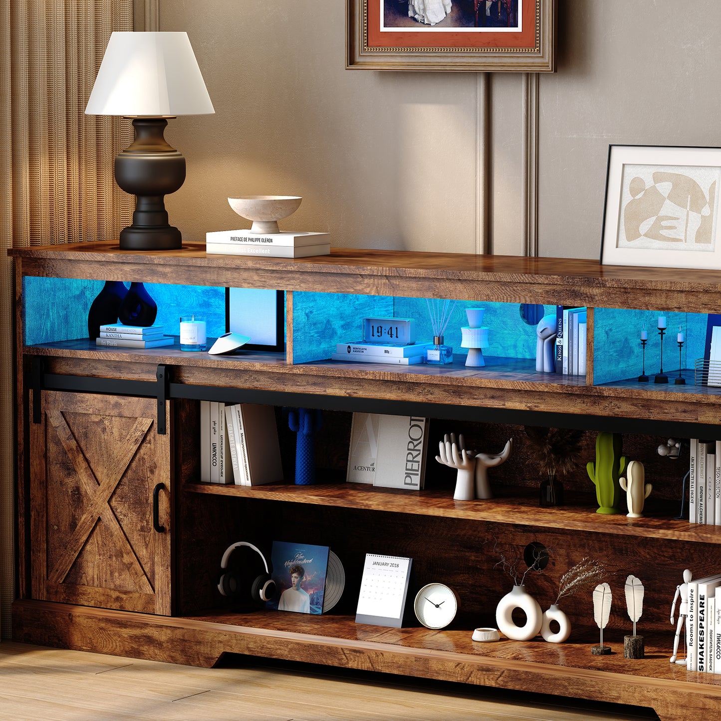 80.7“ Farmhouse TV Stand for 80/85/90 Inch TVs with LED Lights