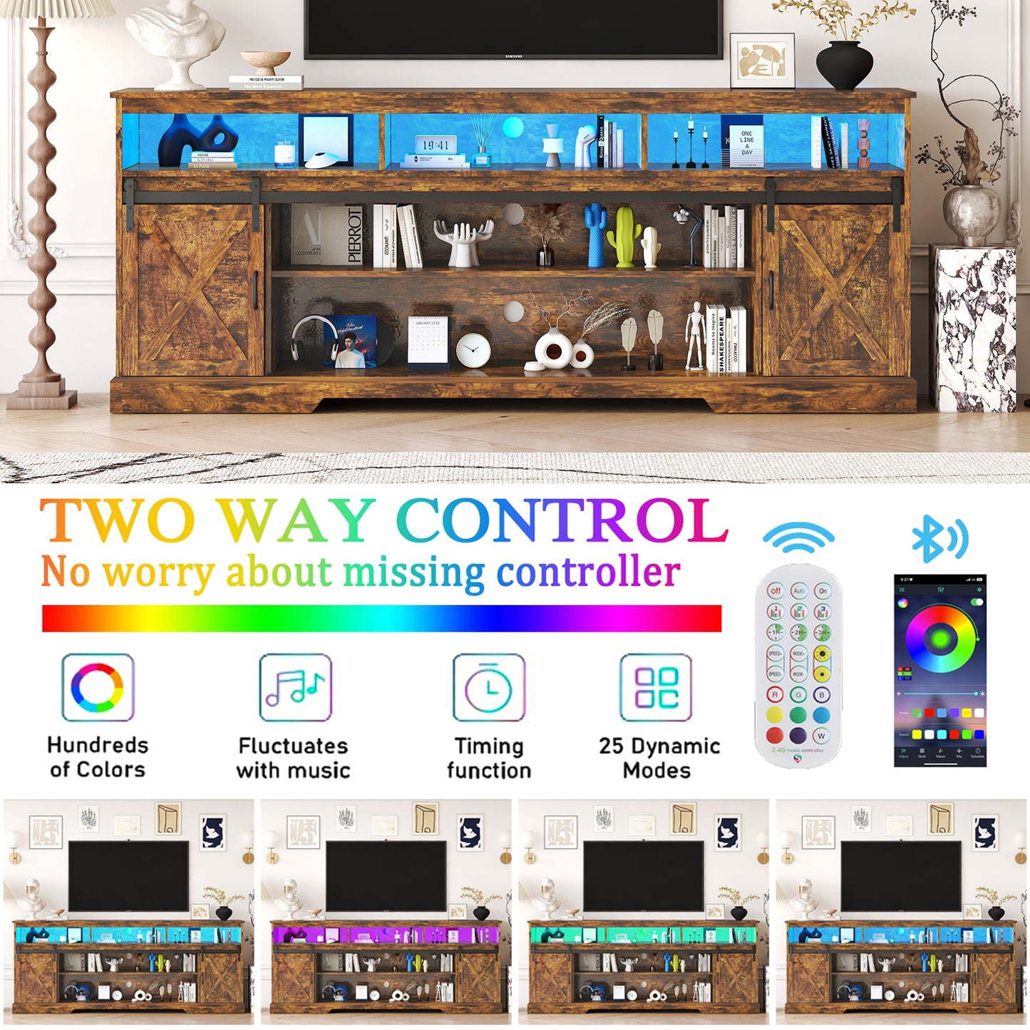 80.7“ Farmhouse TV Stand for 80/85/90 Inch TVs with LED Lights
