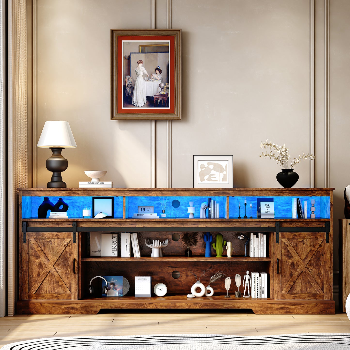 80.7“ Farmhouse TV Stand for 80/85/90 Inch TVs with LED Lights