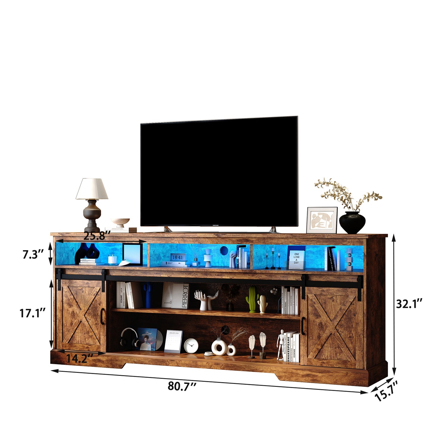 80.7“ Farmhouse TV Stand for 80/85/90 Inch TVs with LED Lights