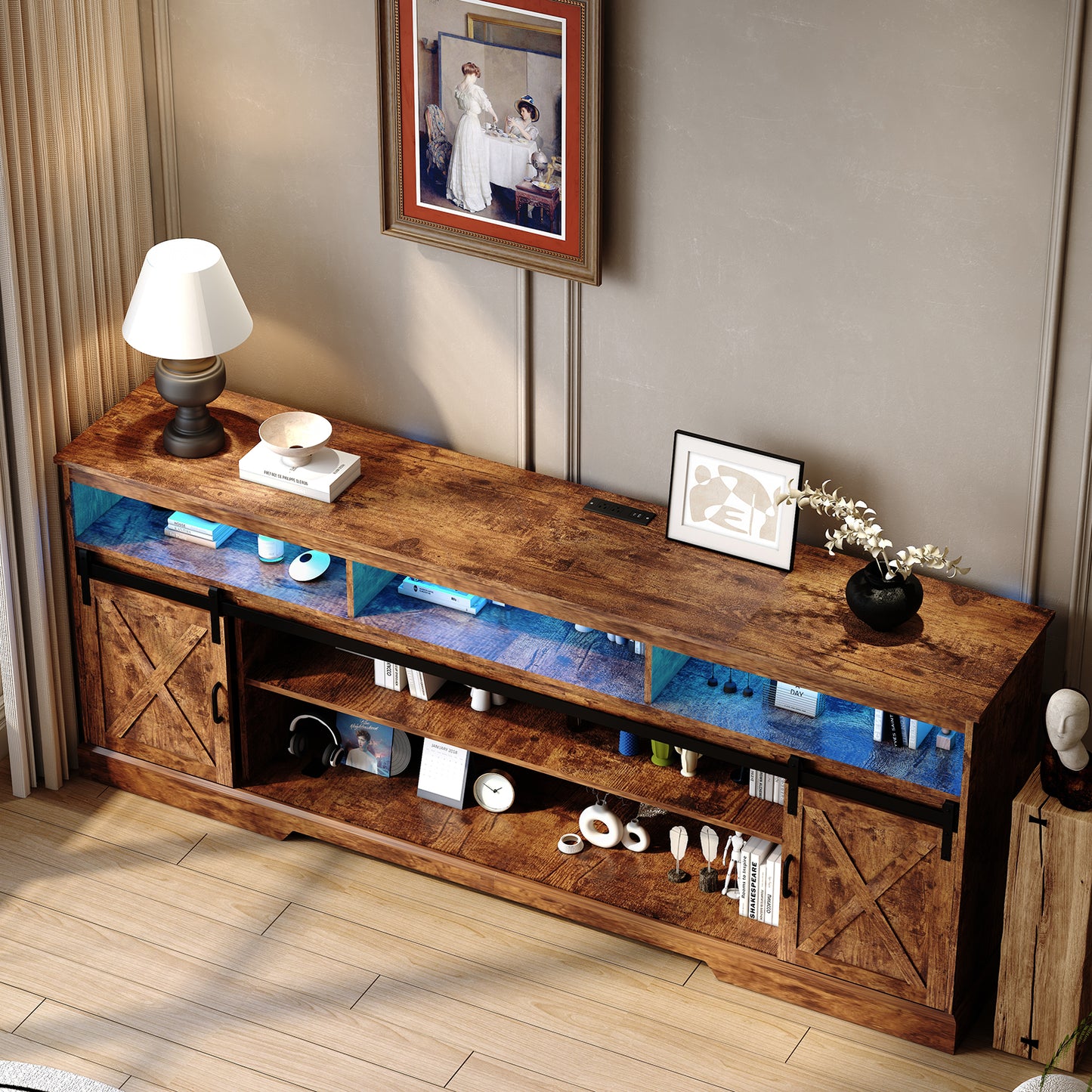 80.7“ Farmhouse TV Stand for 80/85/90 Inch TVs with LED Lights
