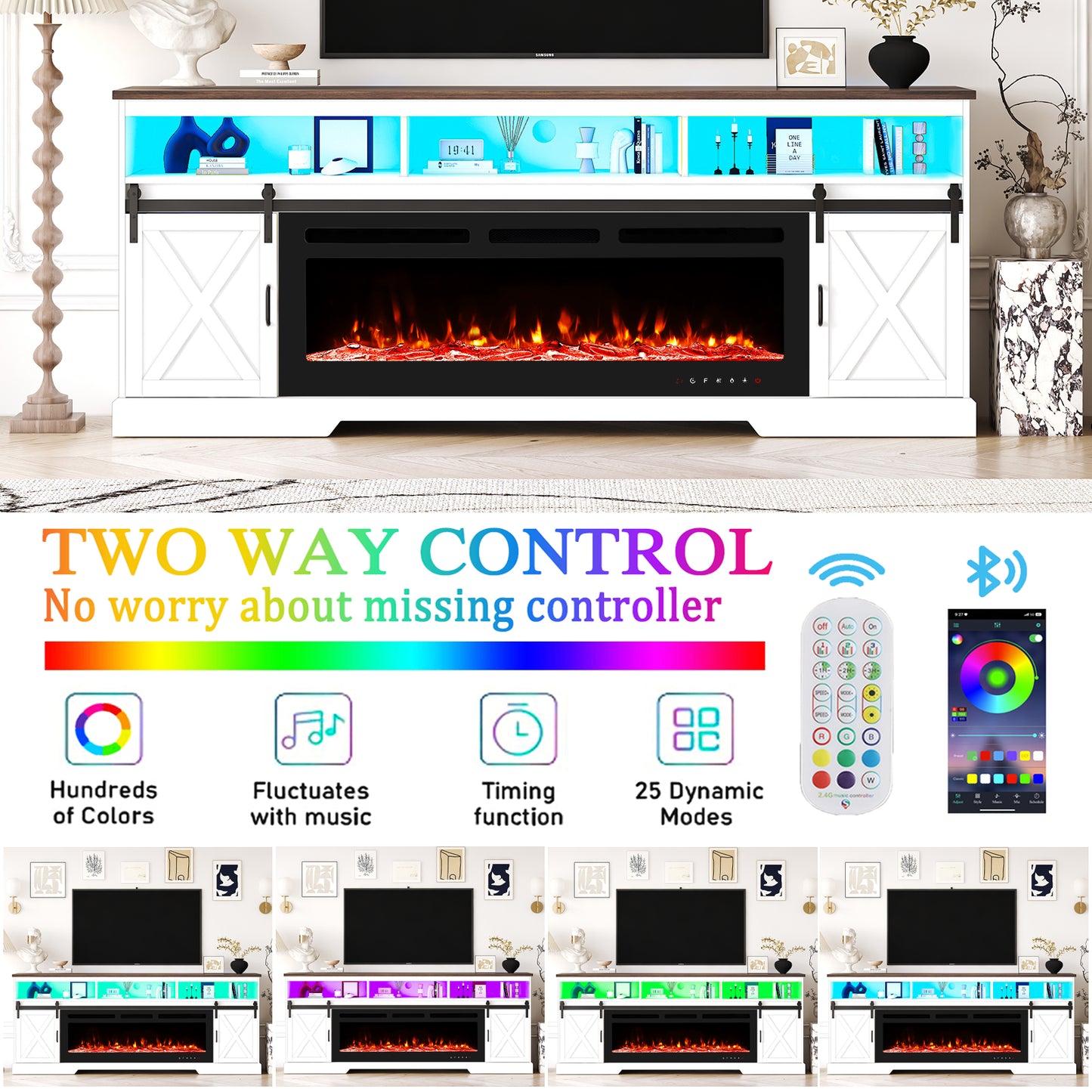 80.7“ Farmhouse Fireplace TV Stand for 85 Inch TV with LED Lights and Power Outlet
