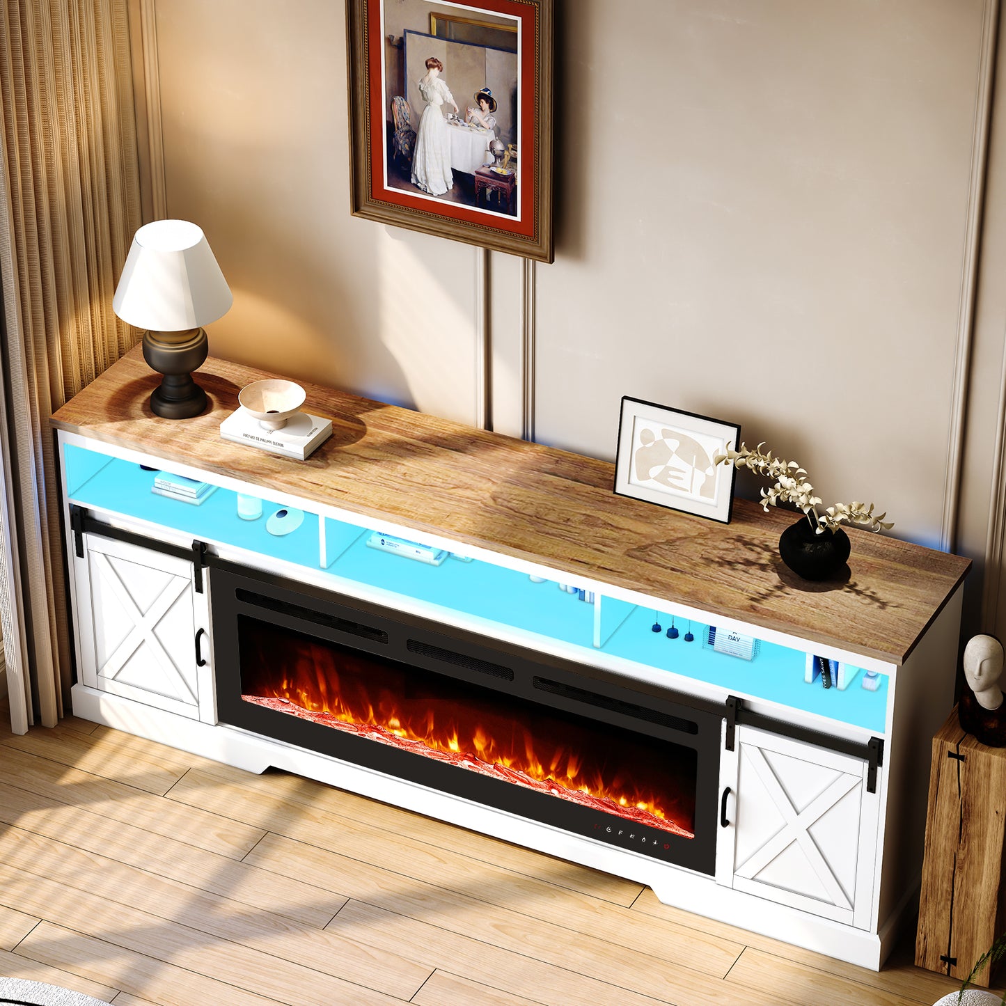 80.7“ Farmhouse Fireplace TV Stand for 85 Inch TV with LED Lights and Power Outlet