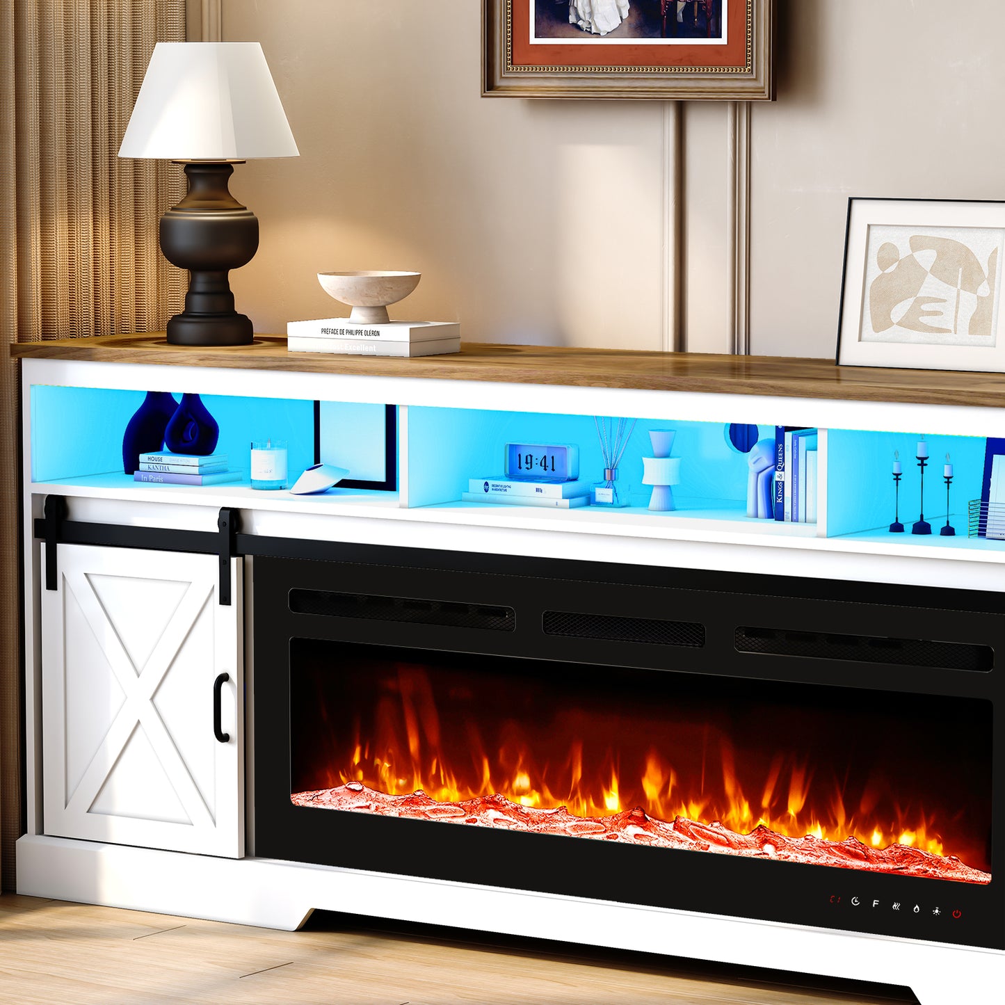 80.7“ Farmhouse Fireplace TV Stand for 85 Inch TV with LED Lights and Power Outlet