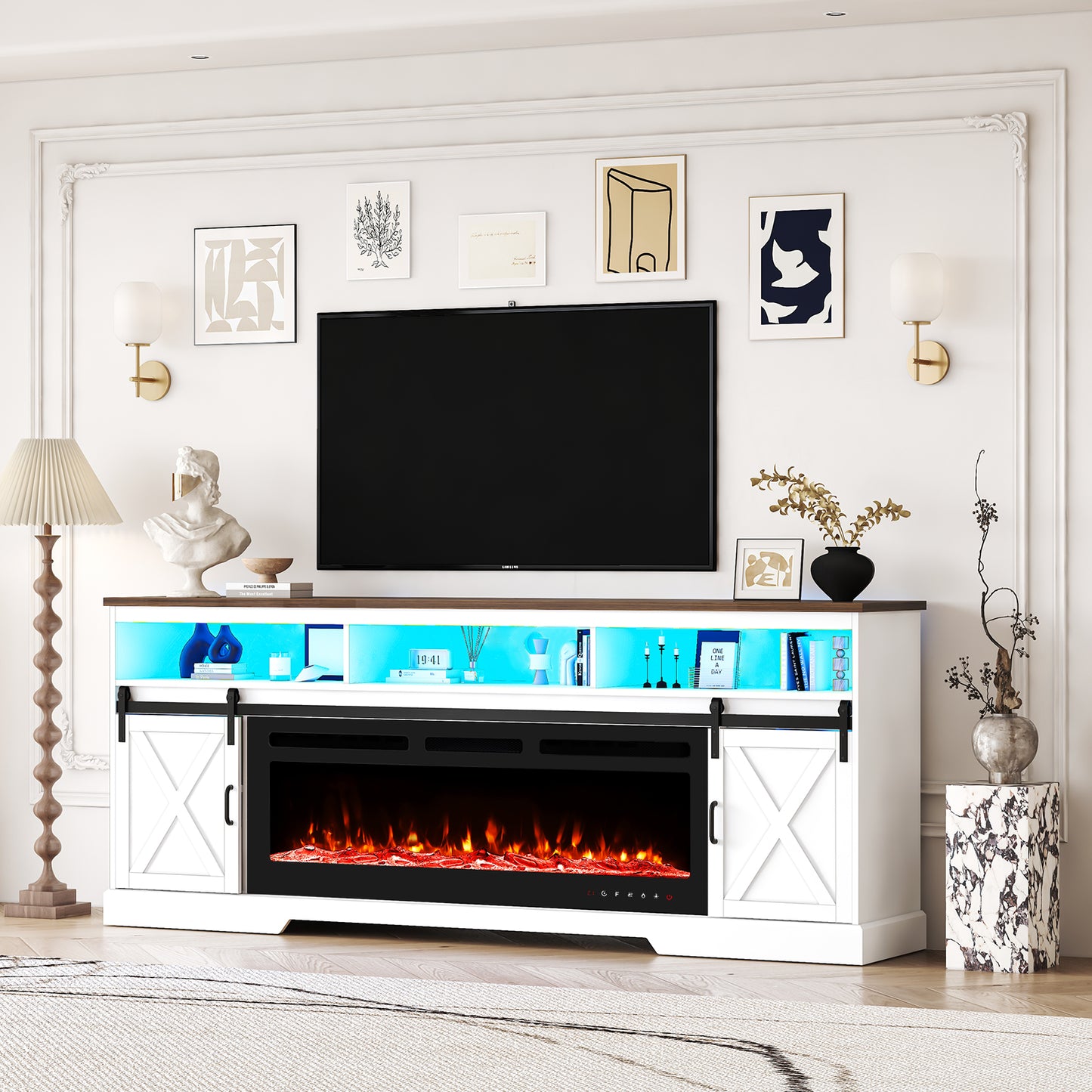 80.7“ Farmhouse Fireplace TV Stand for 85 Inch TV with LED Lights and Power Outlet