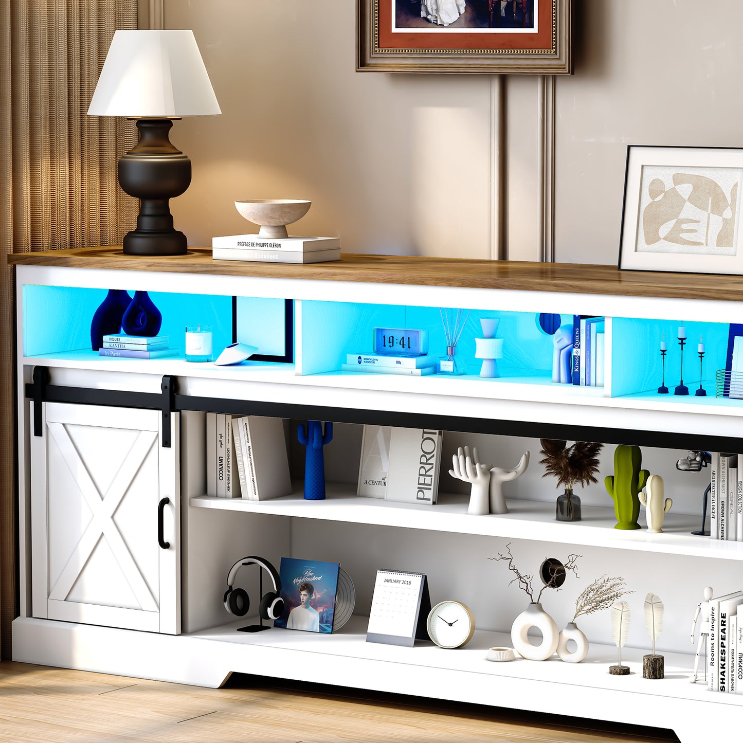 80.7“ Farmhouse TV Stand for 80/85/90 Inch TVs with LED Lights
