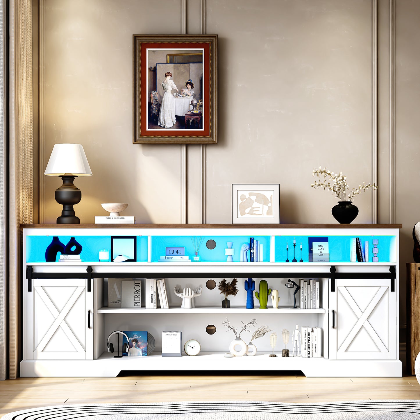 80.7“ Farmhouse TV Stand for 80/85/90 Inch TVs with LED Lights