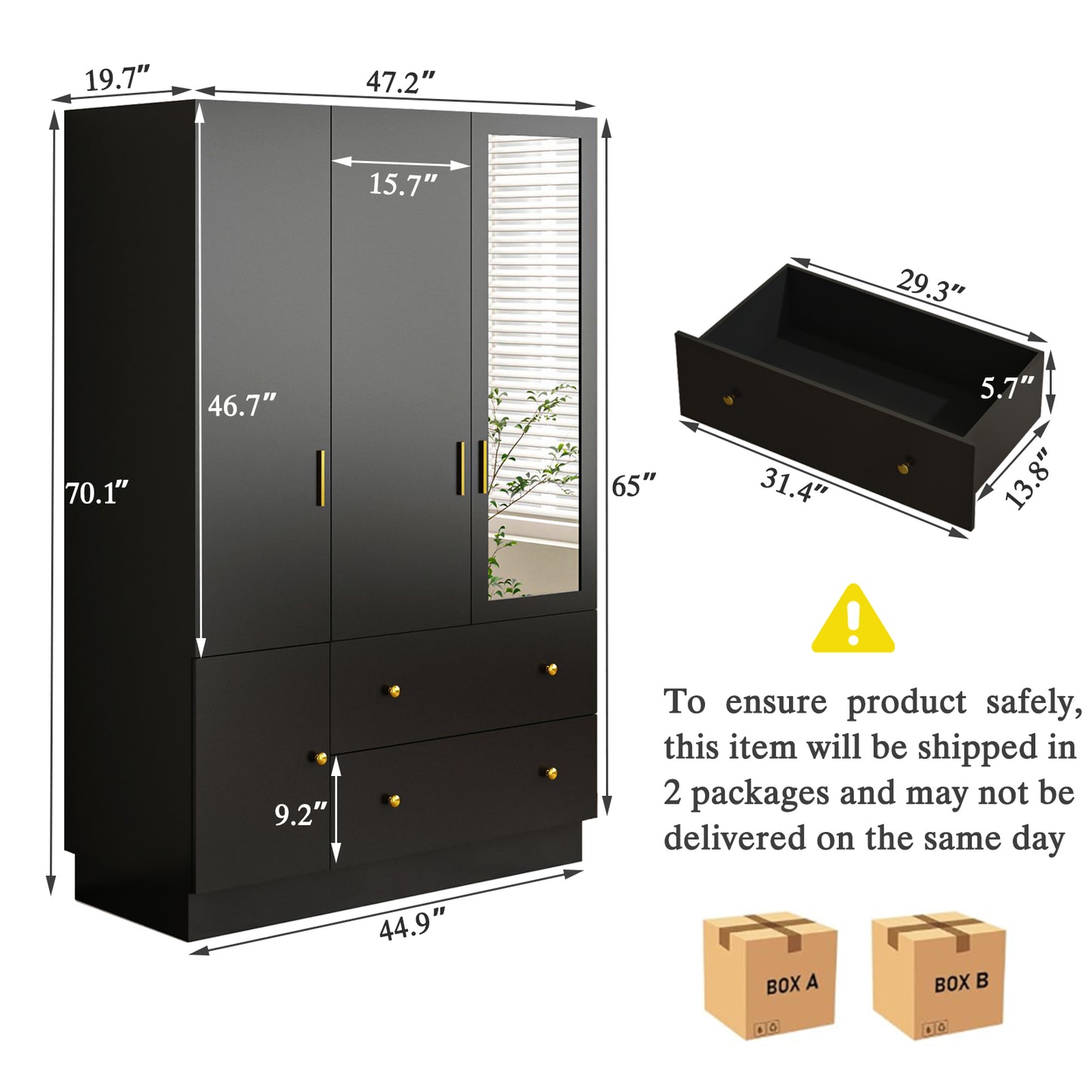 3 Doors LED Armoire Wardrobe Closet with Mirror