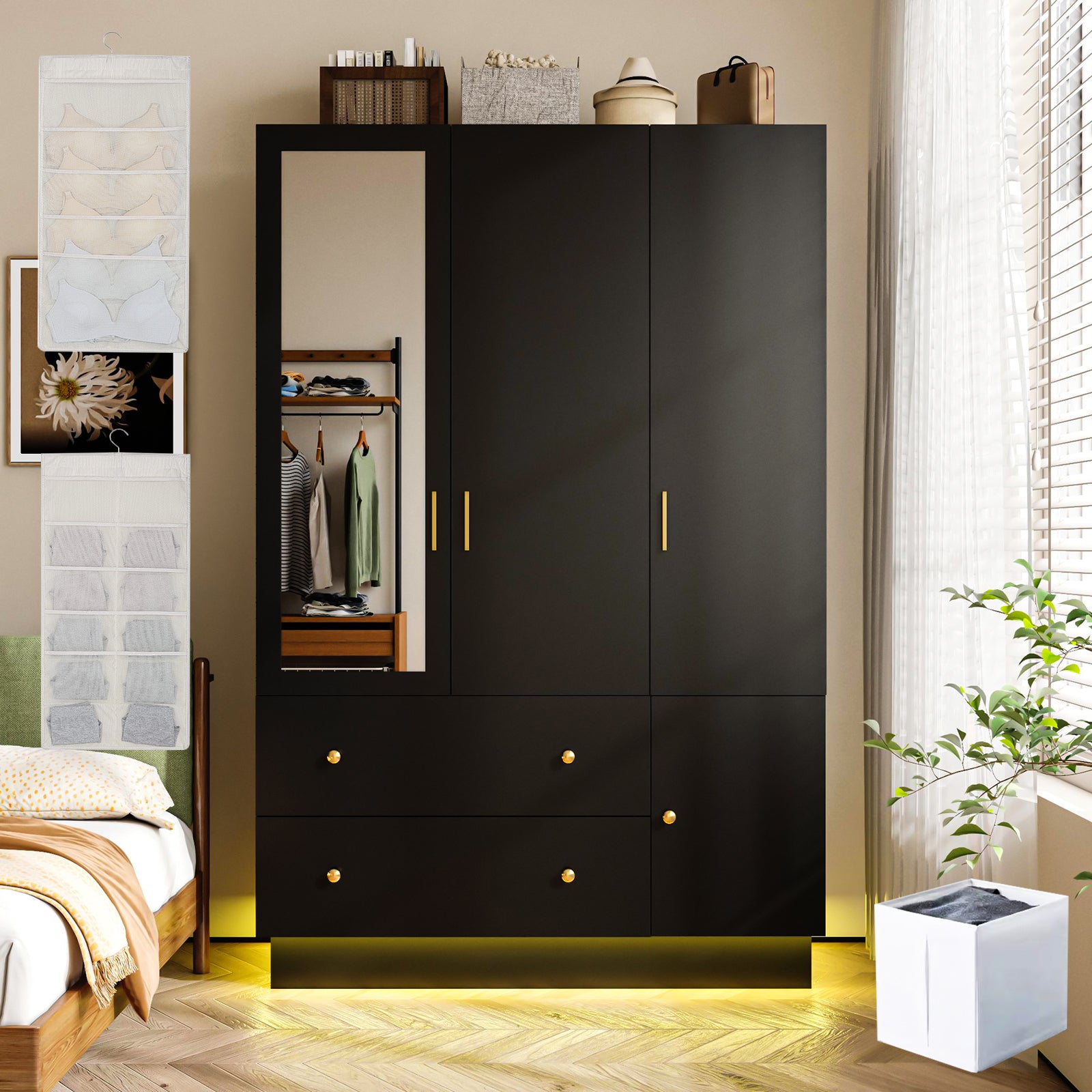 black armoire dresser 3 Doors LED Armoire Wardrobe Closet with Mirror – Bvldfamly