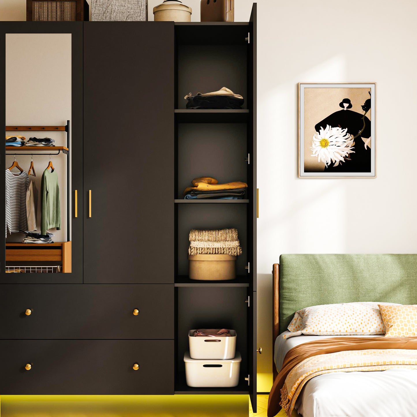 3 Doors LED Armoire Wardrobe Closet with Mirror