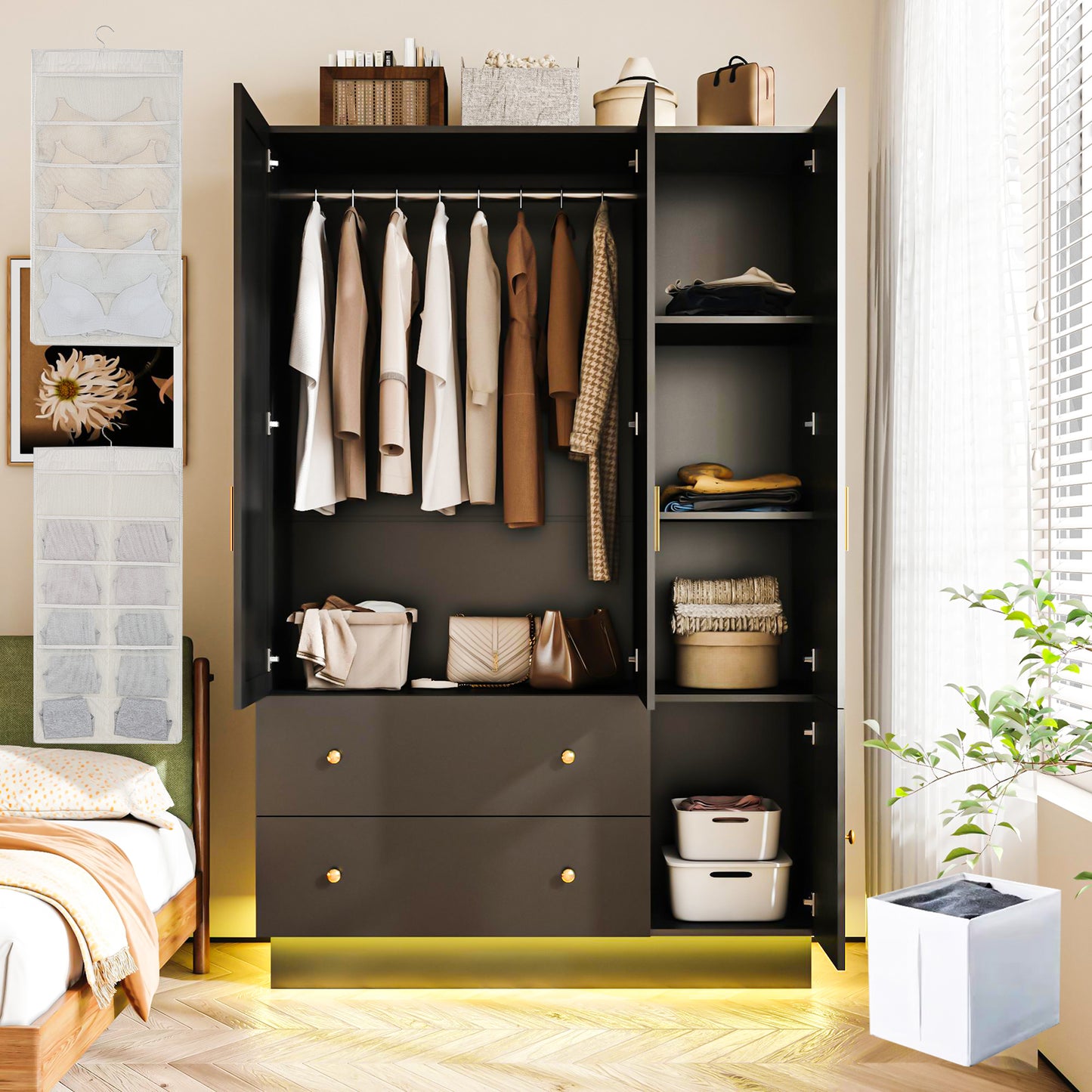 3 Doors LED Armoire Wardrobe Closet with Mirror