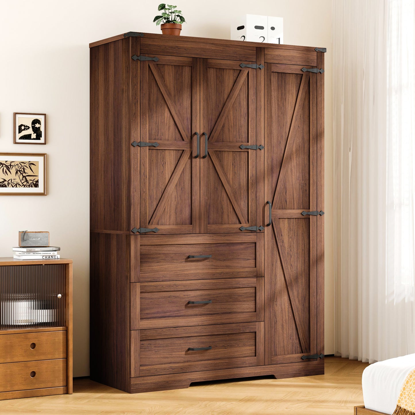 70" Farmhouse Tall Wardrobe Closet with 3 Doors & 3 Drawers, Armoire with Hanging Rod