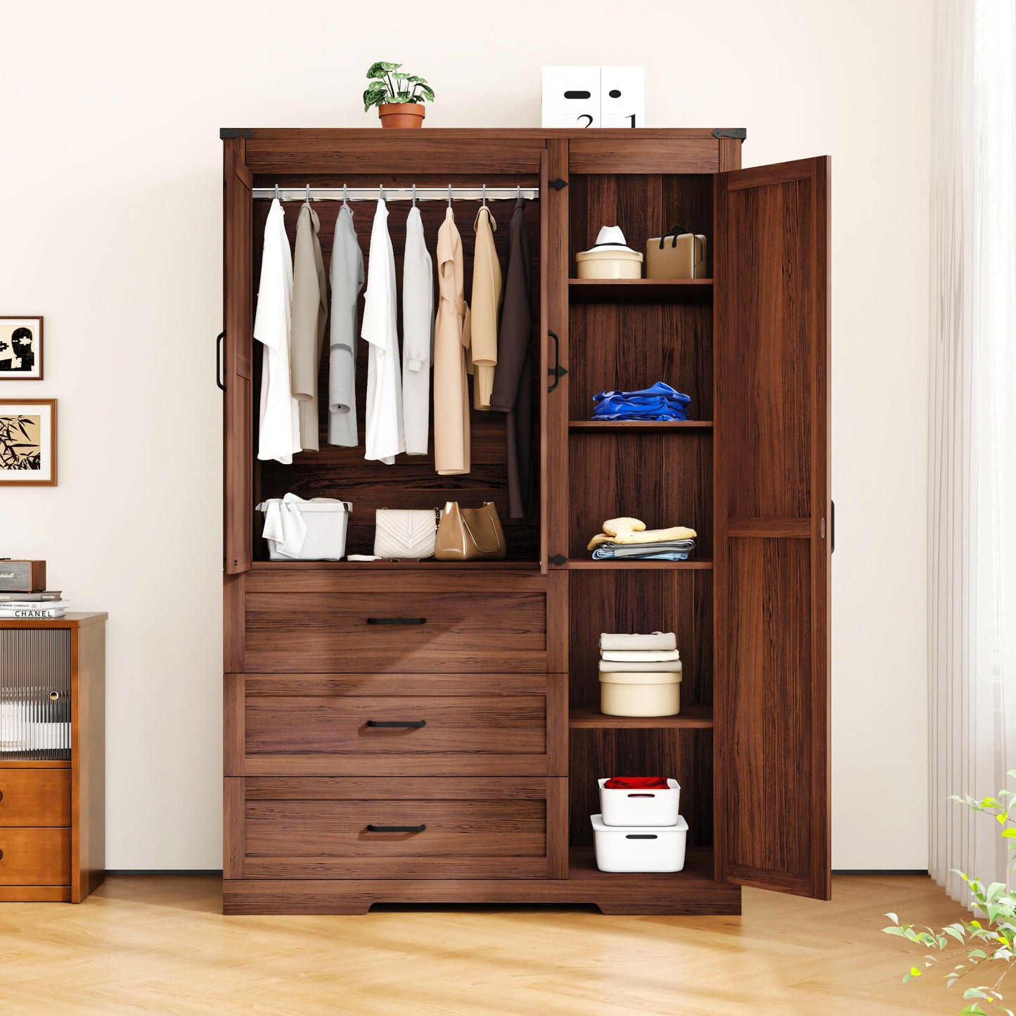 70" Farmhouse Tall Wardrobe Closet with 3 Doors & 3 Drawers, Armoire with Hanging Rod