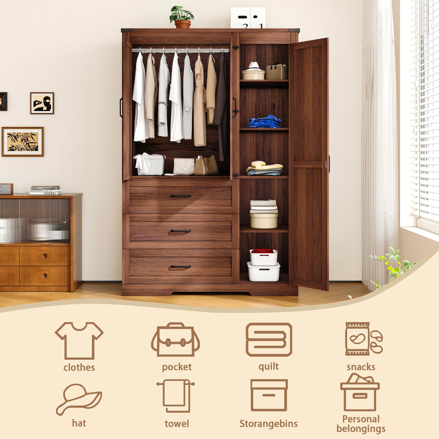 70" Farmhouse Tall Wardrobe Closet with 3 Doors & 3 Drawers, Armoire with Hanging Rod