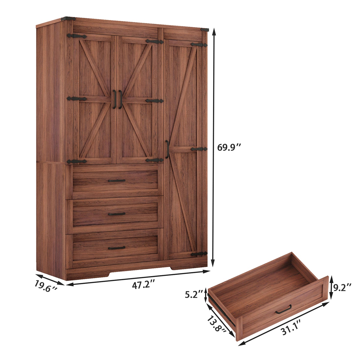 70" Farmhouse Tall Wardrobe Closet with 3 Doors & 3 Drawers, Armoire with Hanging Rod