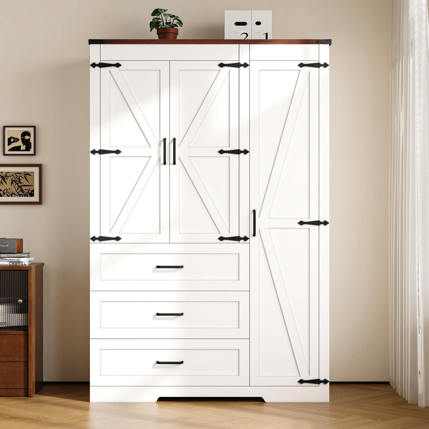 70" Farmhouse Tall Wardrobe Closet with 3 Doors & 3 Drawers, Armoire with Hanging Rod